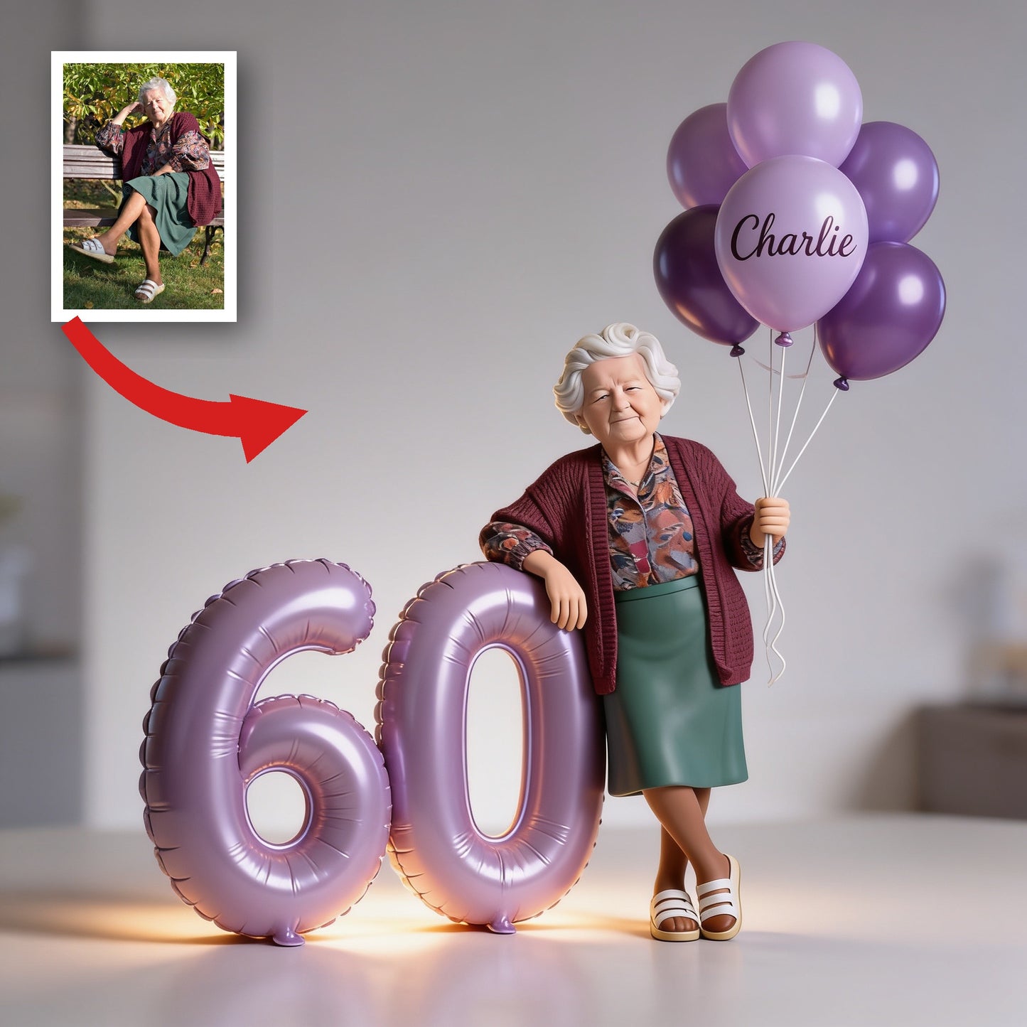 Personalized 60th Birthday Custom Shaped Acrylic Plaque, Older Woman with Balloons Custom Grandma Birthday Gift
