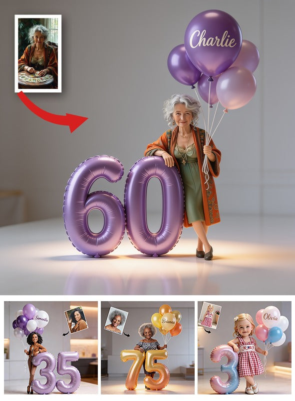 Personalized 60th Birthday Custom Shaped Acrylic Plaque, Elegant Older Latina Woman with Balloons Keepsake Gift for Grandma