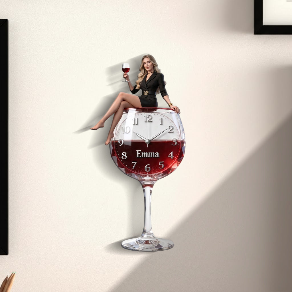 Personalized Wine Glass Shaped Acrylic Wall Clock, Cheerful Older Black Woman Wine Lover Design, Unique Home Decor Gift