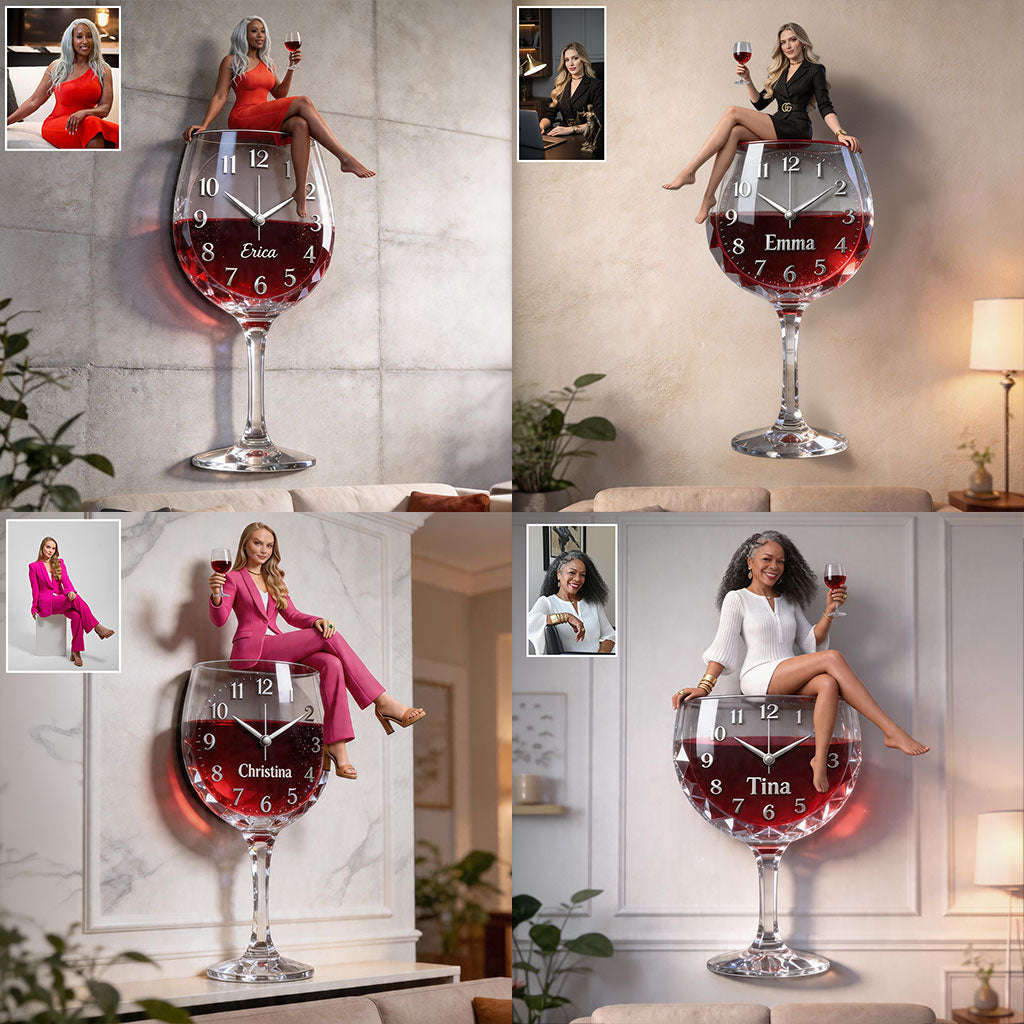 Personalized Wine Glass Shaped Acrylic Wall Clock, Cheerful Older Black Woman Wine Lover Design, Unique Home Decor Gift
