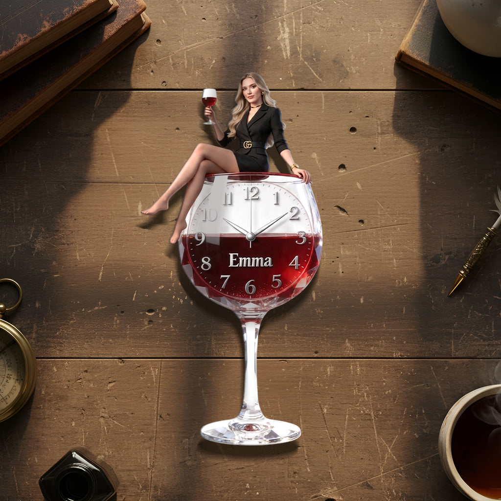 Personalized Wine Glass Acrylic Wall Clock, Elegant Older Latina Woman Wine Lover Custom Drinking Hour Home Bar Gift