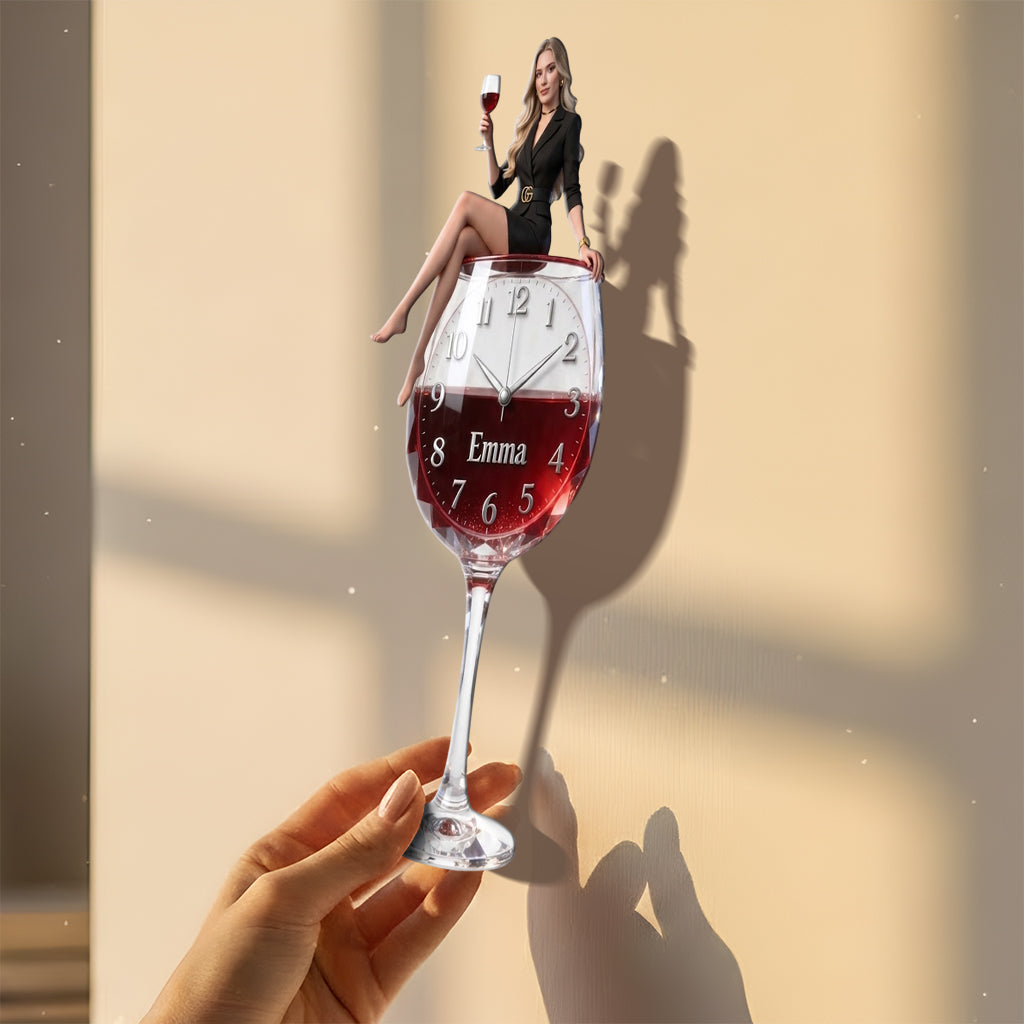 Personalized Wine Glass Acrylic Wall Clock, Elegant Older Latina Woman Wine Lover Custom Drinking Hour Home Bar Gift