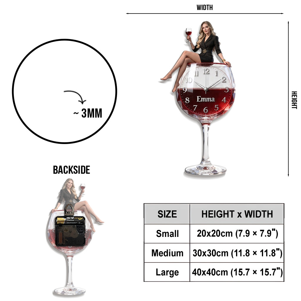 Custom Elegant Older Woman Wine Glass Acrylic Wall Clock | Personalized Wine Lover Home Decor Retirement Gift