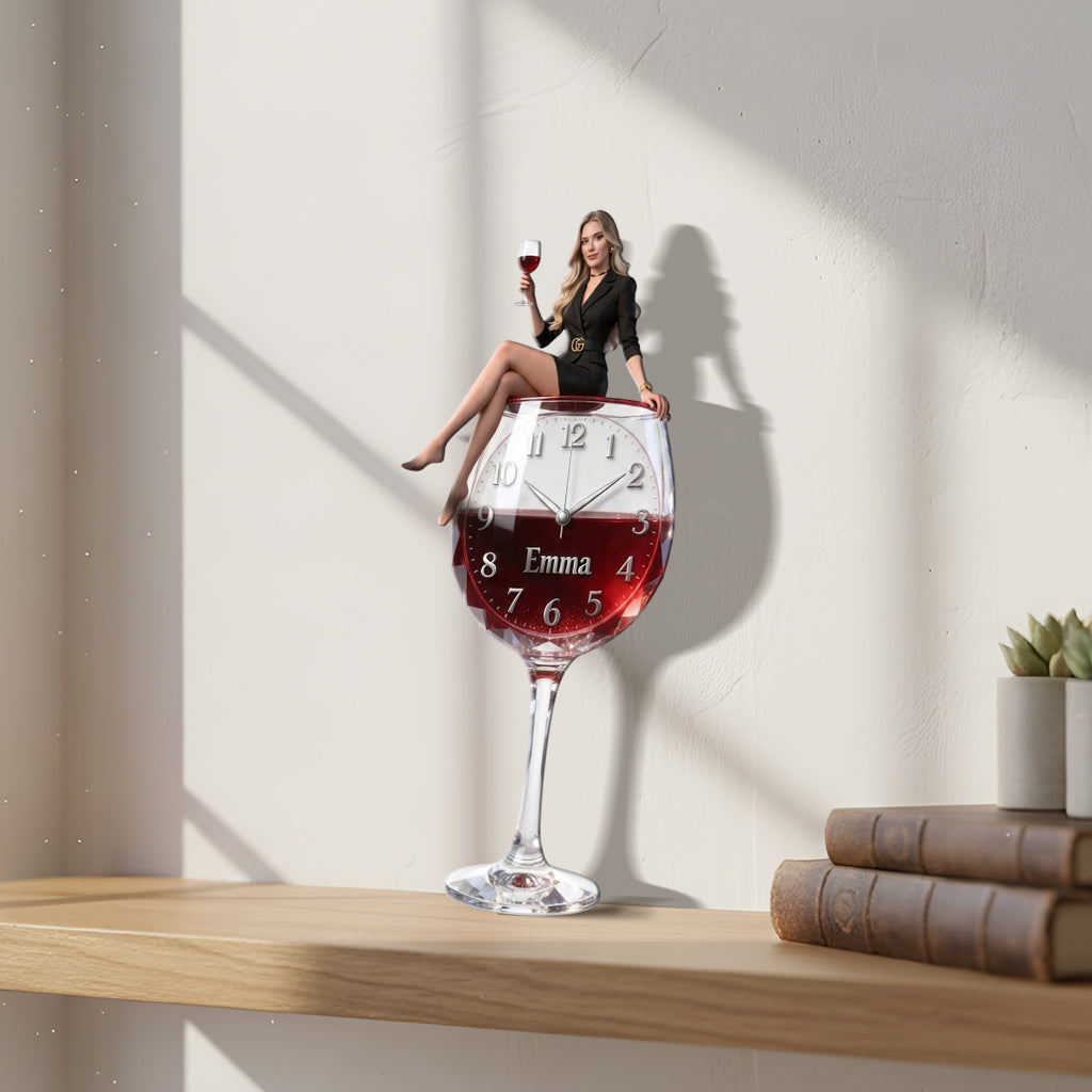 Personalized Wine Glass Shaped Acrylic Wall Clock, Cheerful Older Black Woman Wine Lover Design, Unique Home Decor Gift