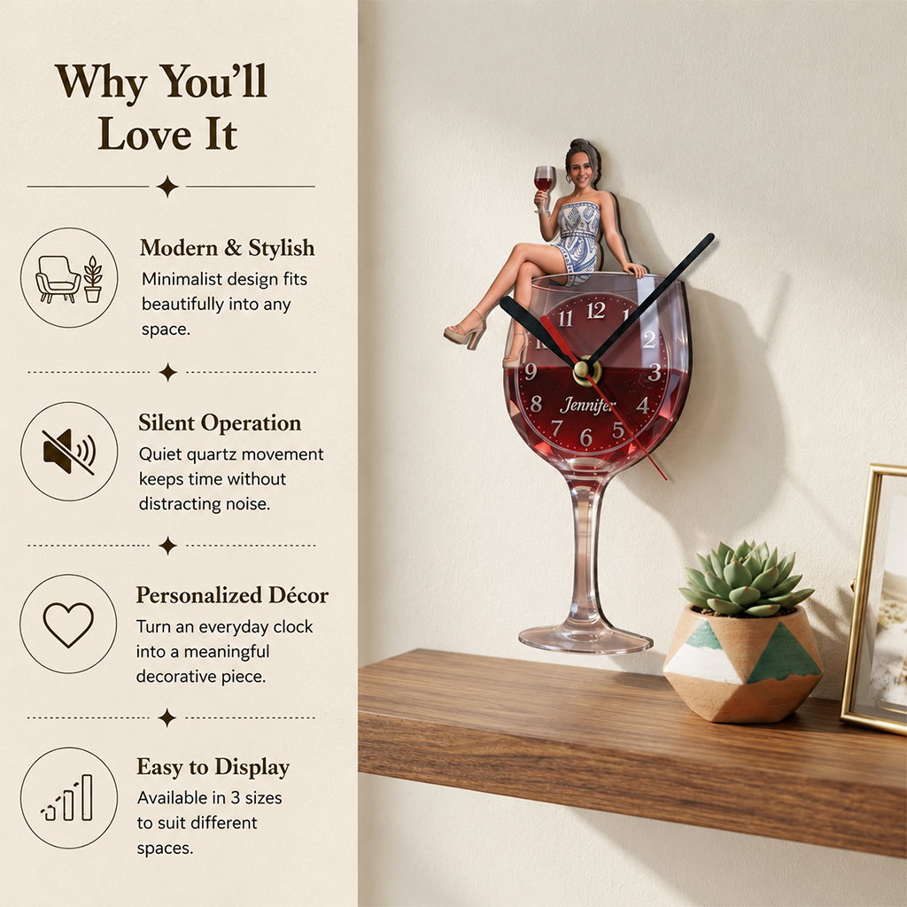Personalized Wine Glass Shaped Acrylic Wall Clock, Cheerful Older Black Woman Wine Lover Design, Unique Home Decor Gift