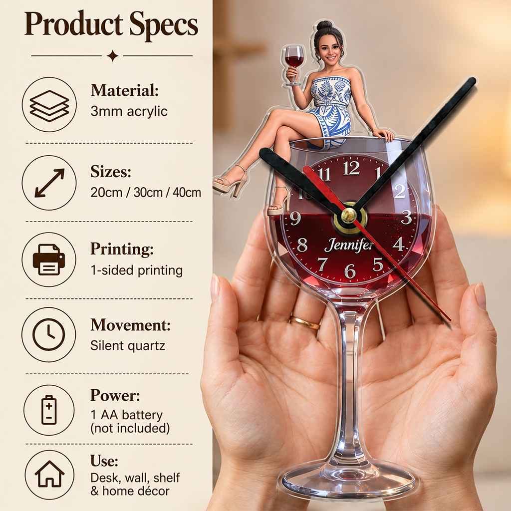 Personalized Wine Glass Shaped Acrylic Wall Clock, Cheerful Older Black Woman Wine Lover Design, Unique Home Decor Gift