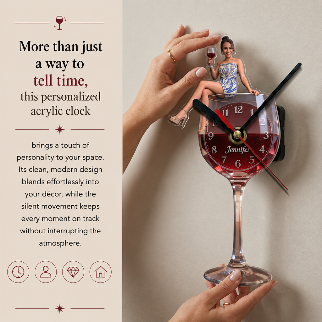 Personalized Wine Glass Acrylic Wall Clock, Elegant Older Latina Woman Wine Lover Custom Drinking Hour Home Bar Gift