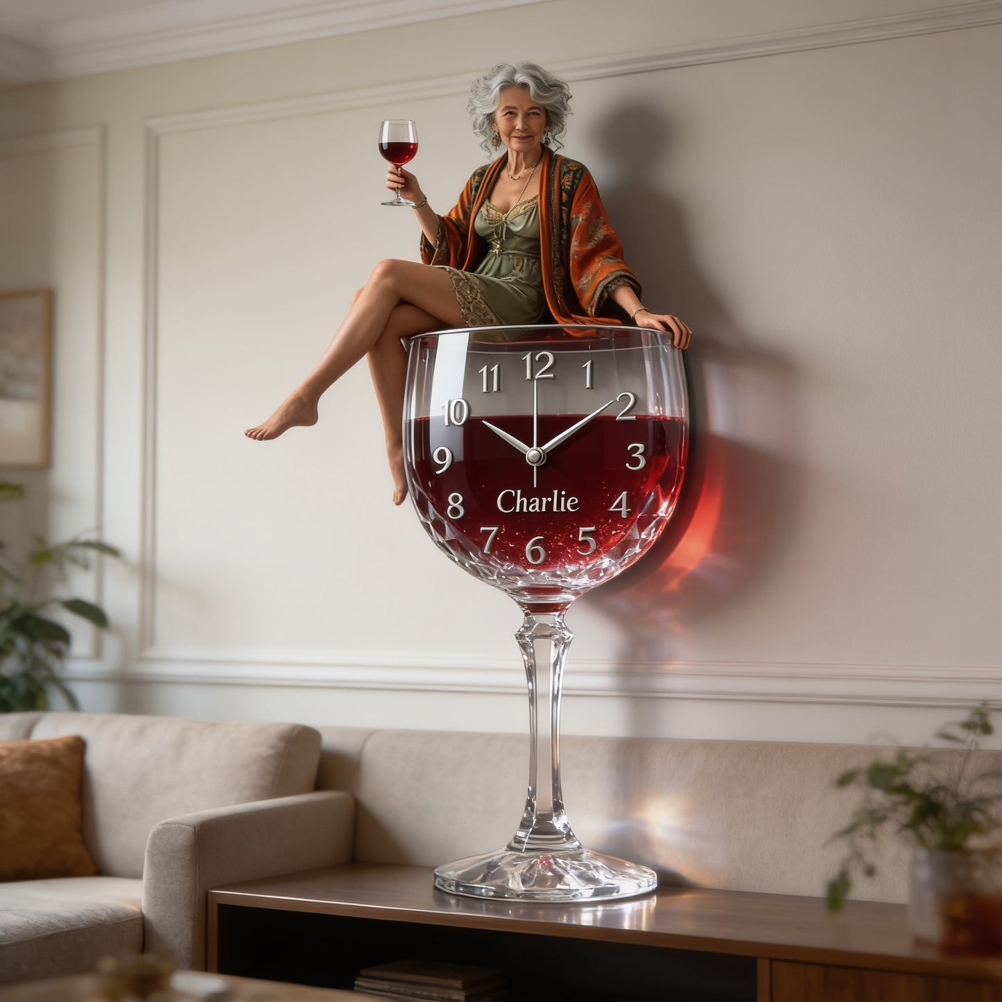 Personalized Wine Glass Acrylic Wall Clock, Elegant Older Latina Woman Wine Lover Custom Drinking Hour Home Bar Gift