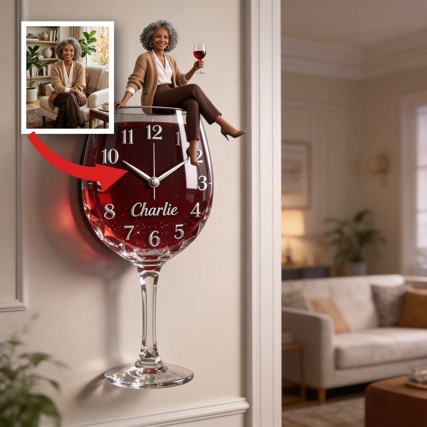 Personalized Wine Glass Shaped Acrylic Wall Clock, Cheerful Older Black Woman Wine Lover Design, Unique Home Decor Gift