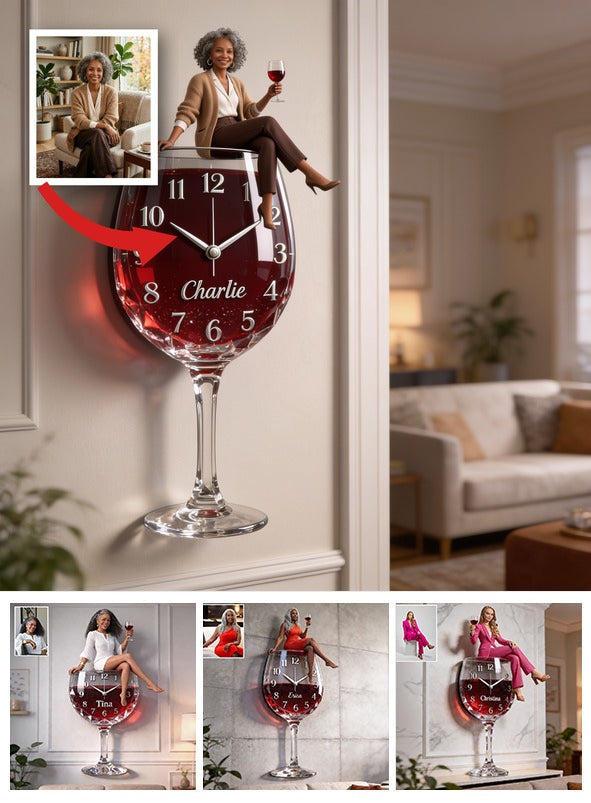 Personalized Wine Glass Shaped Acrylic Wall Clock, Cheerful Older Black Woman Wine Lover Design, Unique Home Decor Gift