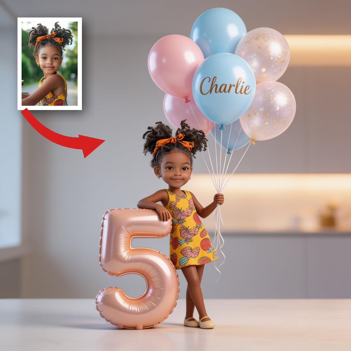 Personalized Custom Shaped Acrylic Plaque, Cute Little Latina Kid with Birthday Balloons & Custom Age Number, Kids Birthday Keepsake Gift