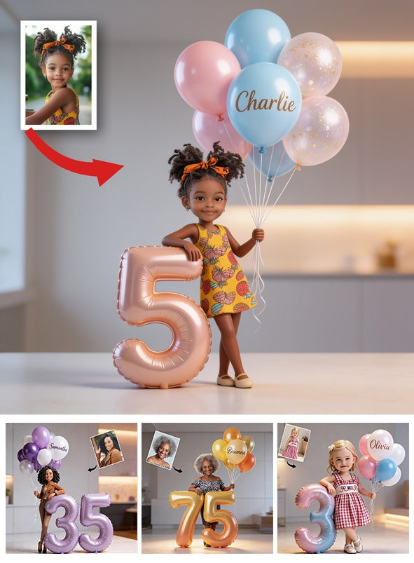 Personalized Custom Shaped Acrylic Plaque, Cute Little Latina Kid with Birthday Balloons & Custom Age Number, Kids Birthday Keepsake Gift