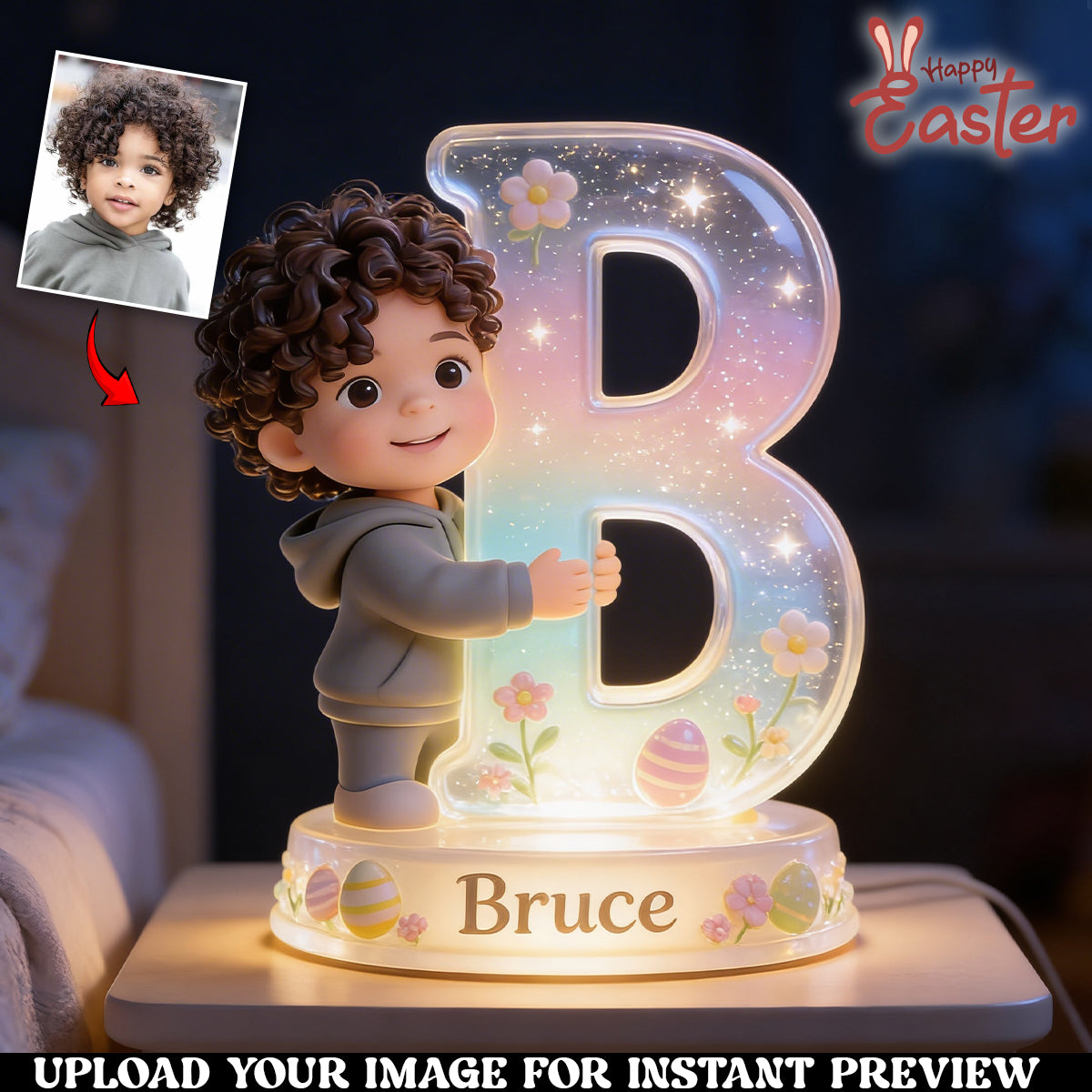 Personalized Easter Curly Haired Young Girl Acrylic LED Night Light Black Kids Gift