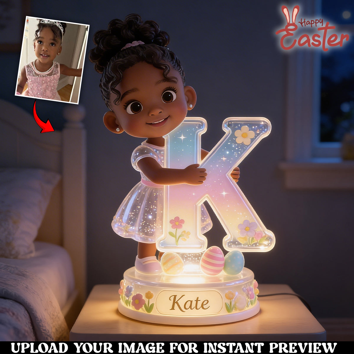 Personalized Easter Young Girl Alphabet Acrylic LED Night Light Latina Kids Gift
