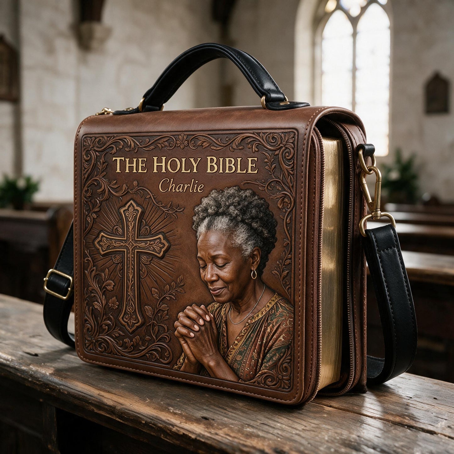 Custom Photo Praying Elderly Black Woman Leather Bible Cover Bag Christian Gift
