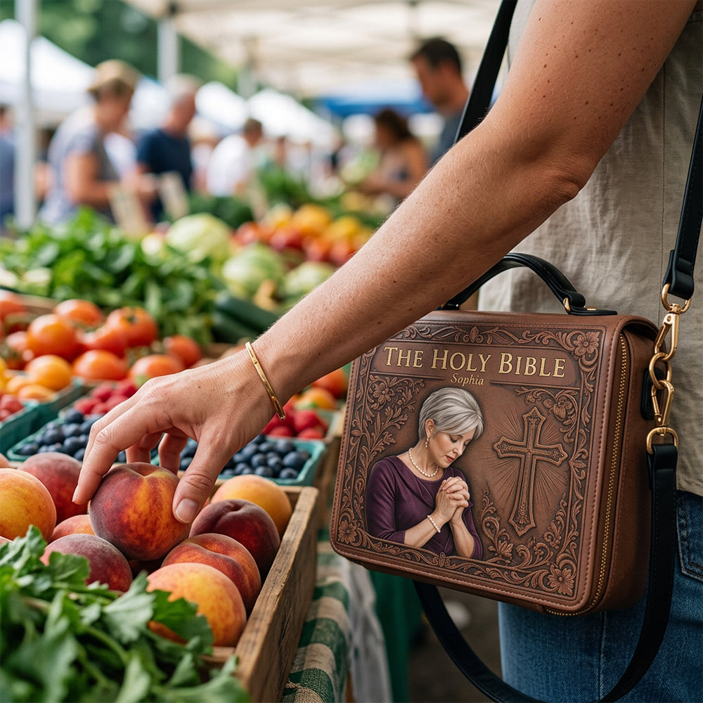 Personalisierte Foto Gebetende alte Frau Leder Bibel Cover Tasche Christliches Geschenk