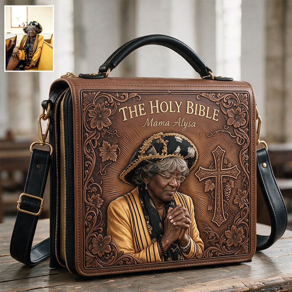 Custom Photo Praying Elderly Black Woman Leather Bible Cover Bag Christian Gift