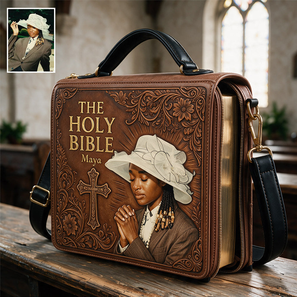 Custom Photo Praying Elderly Black Woman Leather Bible Cover Bag Christian Gift