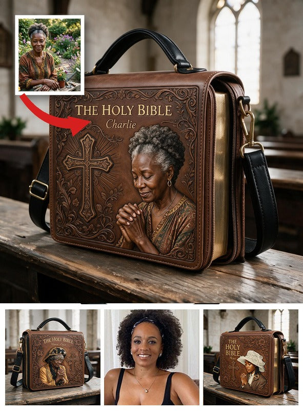 Custom Photo Praying Elderly Black Woman Leather Bible Cover Bag Christian Gift