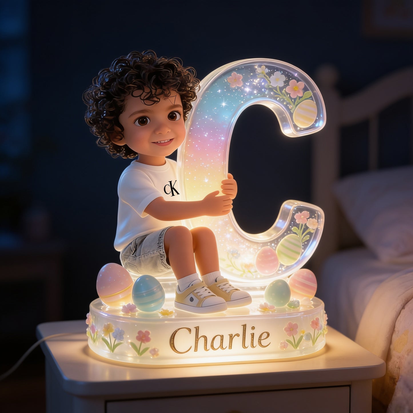 Personalized Easter Curly Haired Young Boy Acrylic LED Night Light Latina Kid Gift