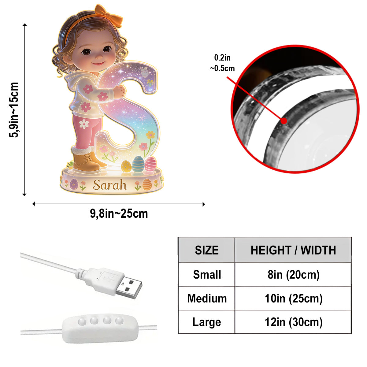 Personalized Easter Curly Haired Young Boy Acrylic LED Night Light Latina Kid Gift