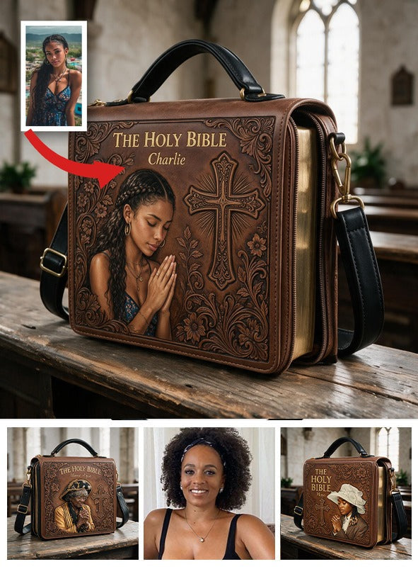 Custom Photo Praying Young Latina Woman Leather Bible Cover Bag Christian Gift