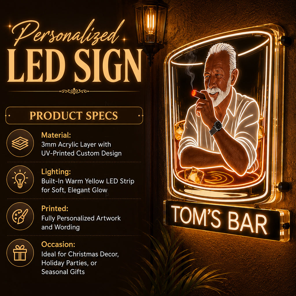 Personalized Stylish Suited Black Man Whiskey & Cigar LED Acrylic Sign Bar Decor