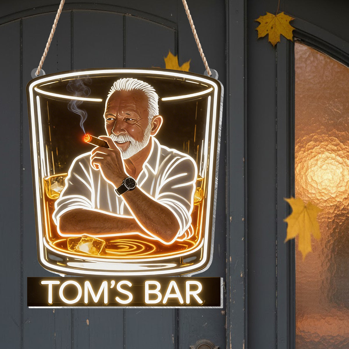 Personalized Stylish Suited Black Man Whiskey & Cigar LED Acrylic Sign Bar Decor