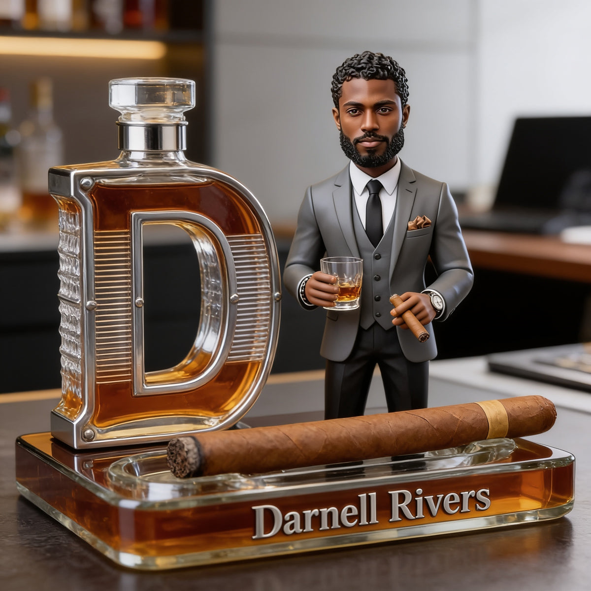 Custom Photo Adult Black Man in Suit Whiskey Cigar Initial Acrylic Plaque Desk Gift