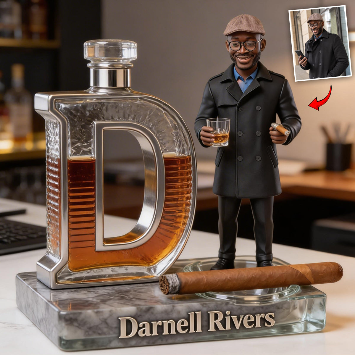 Custom Photo Adult Black Man in Suit Whiskey Cigar Initial Acrylic Plaque Desk Gift