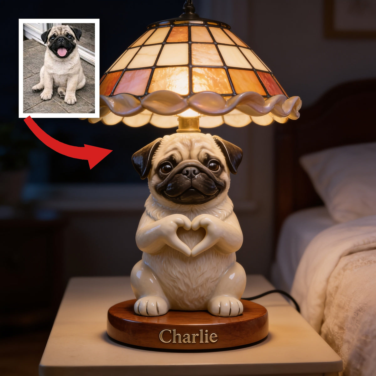 Personalized Cute Pug Acrylic LED Night Light, Dog Lover Bedroom Decor Gift