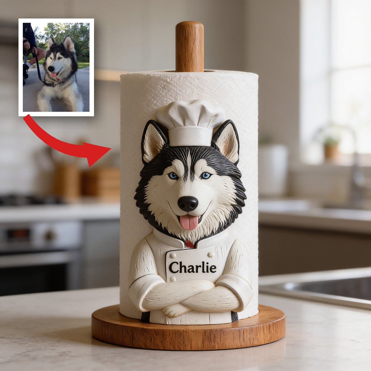 Personalized Siberian Husky Chef Paper Towel Stand Kitchen Decor Dog Lover Gift