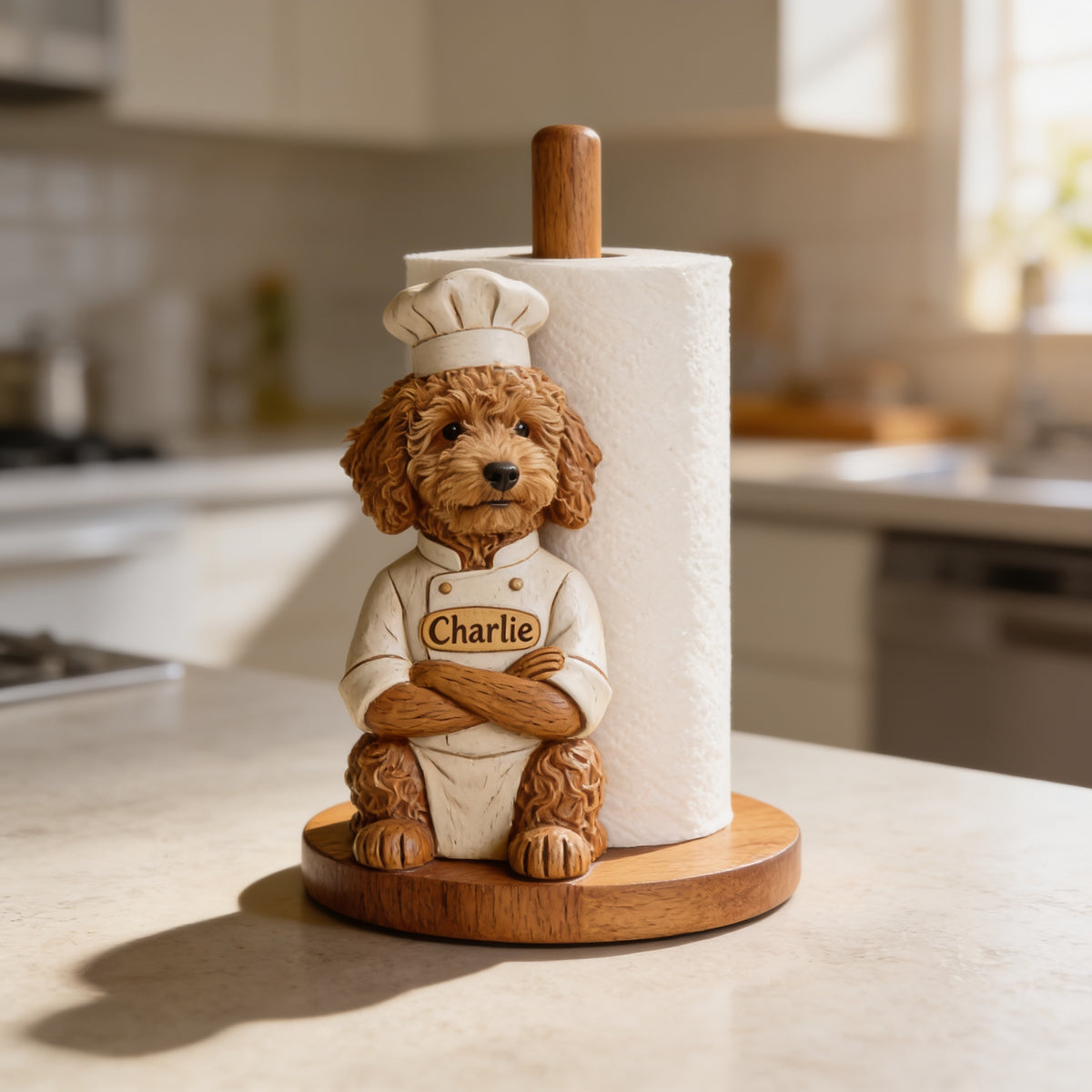 Personalized Brown Poodle Chef Paper Towel Stand Kitchen Decor Gift