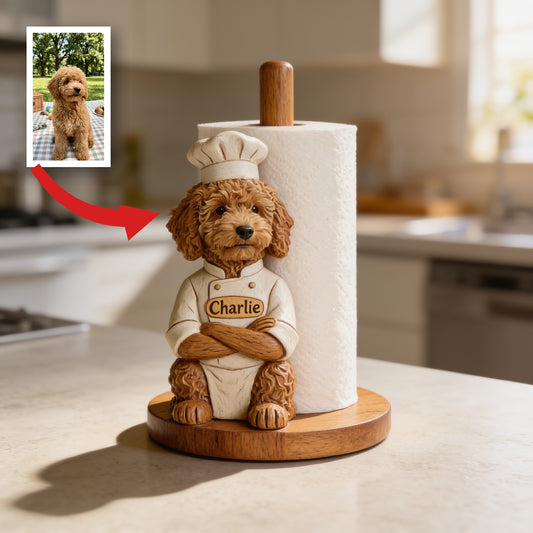 Personalized Brown Poodle Chef Paper Towel Stand Kitchen Decor Gift
