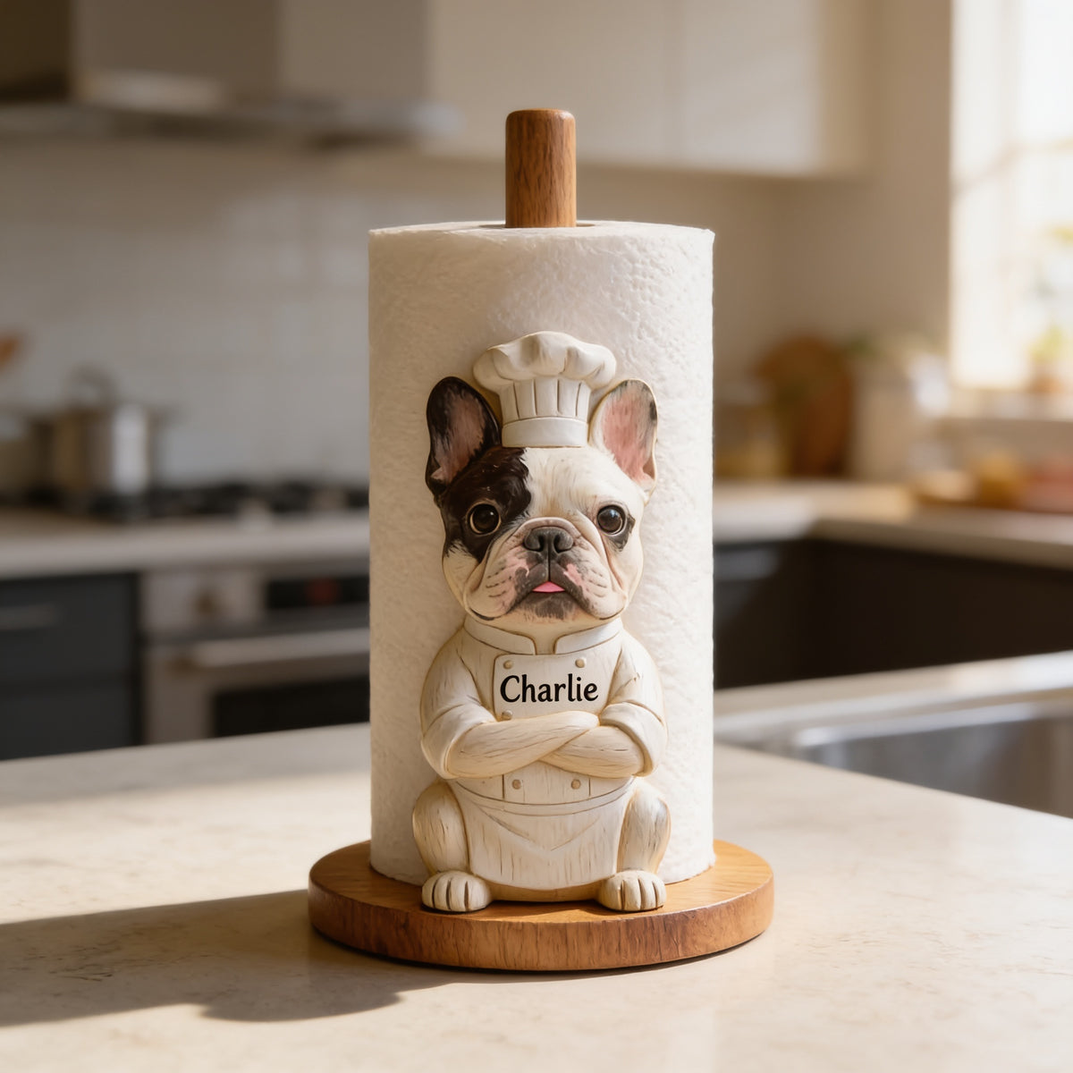Personalized French Bulldog Chef Paper Towel Stand Kitchen Gift