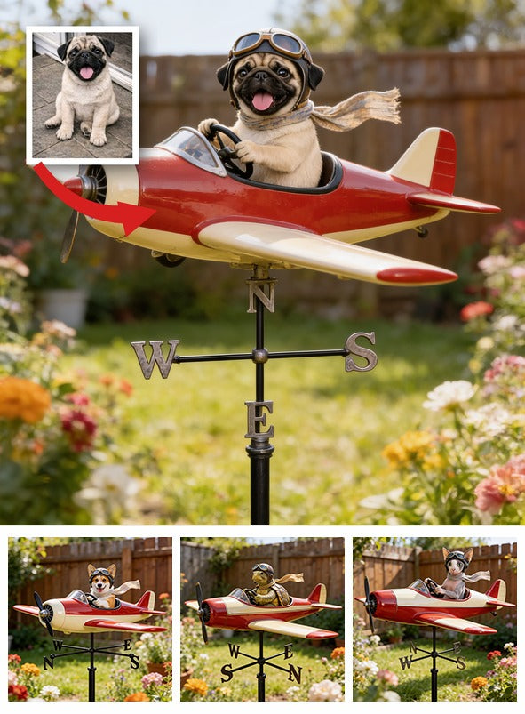 Custom Photo Cute Pug Pilot Airplane Weather Vane, Pet Lover Garden Decor Gift