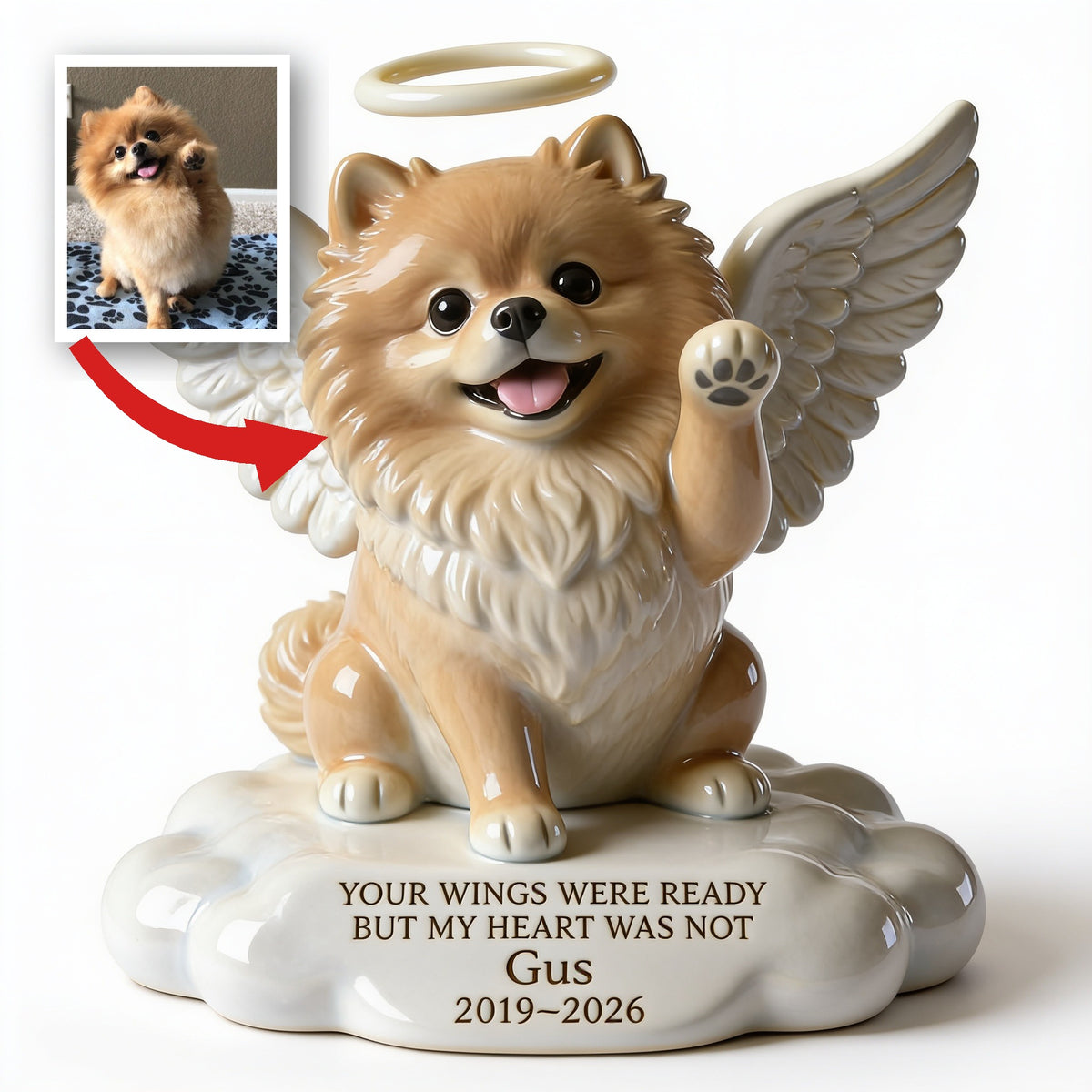Personalisierte Foto Fluffy Pomeranian Engel Hund Gedächtnis Acrylplakette