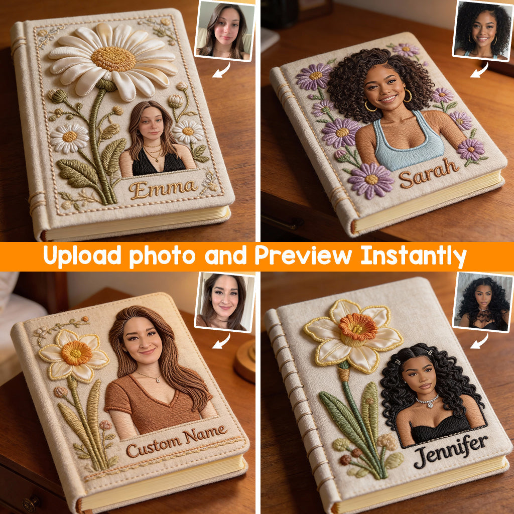 Personalized Birth Month Flower Curly Haired Glasses Young Woman Leather Journal Custom Name Self Love Gift