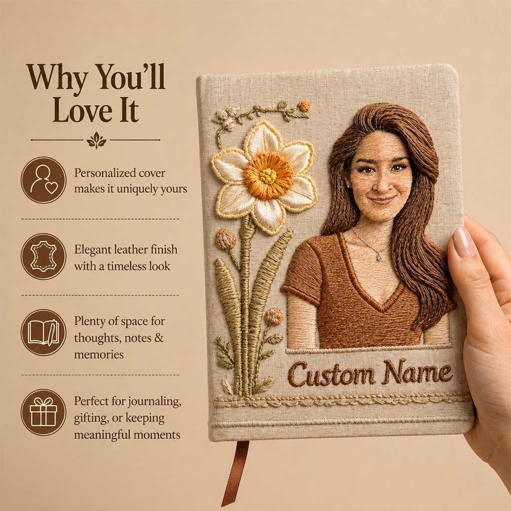 Personalized Birth Month Flower Latina Woman Floral Embroidered Leather Journal Self Love Gift