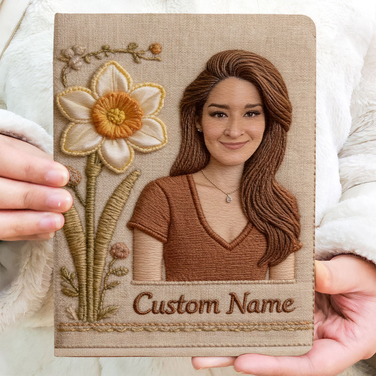 Personalized Birth Month Flower Young Black Woman Embroidered Leather Journal Custom Name Self Love Gift