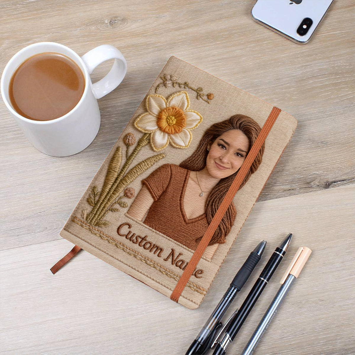Personalized Birth Month Flower Curly Haired Glasses Young Woman Leather Journal Custom Name Self Love Gift
