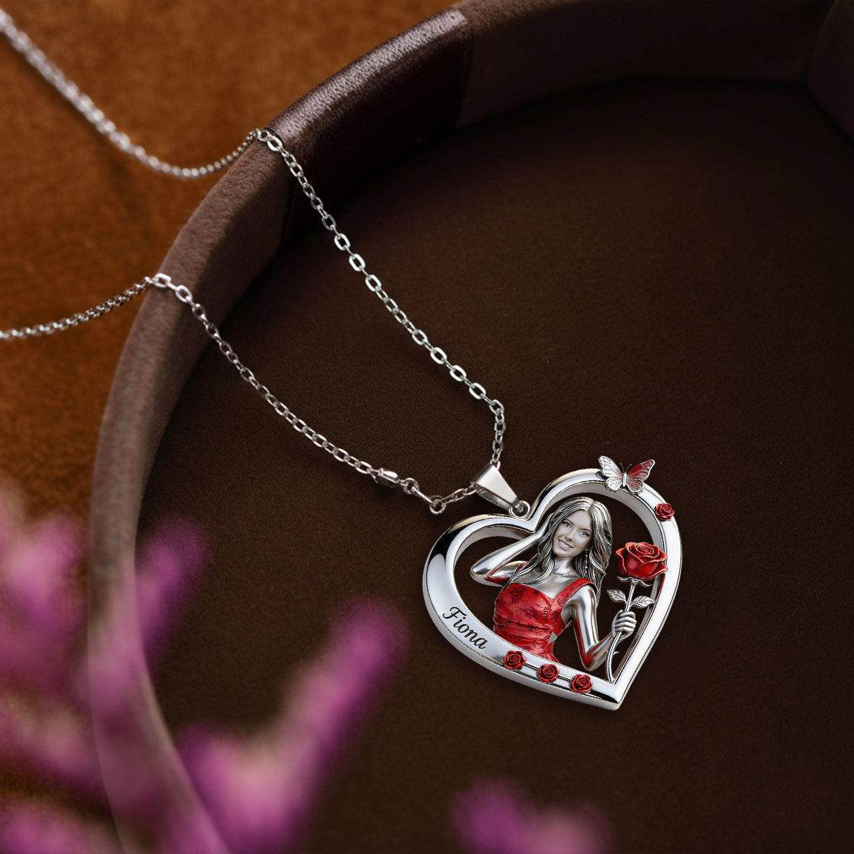 Personalized Birth Month Flower Woman with Glasses Heart Shaped Pendant Necklace
