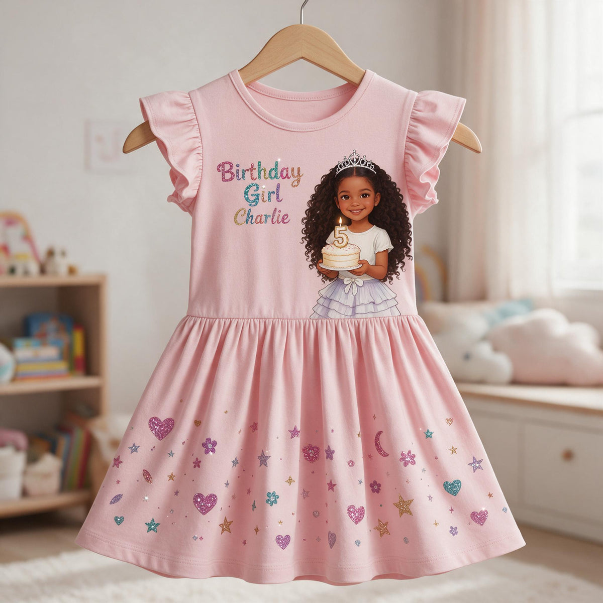 Personalisierte Geburtstagskleid für kleine schwarze Mädchen mit Rüschensleeves, Geschenk zum Geburtstag