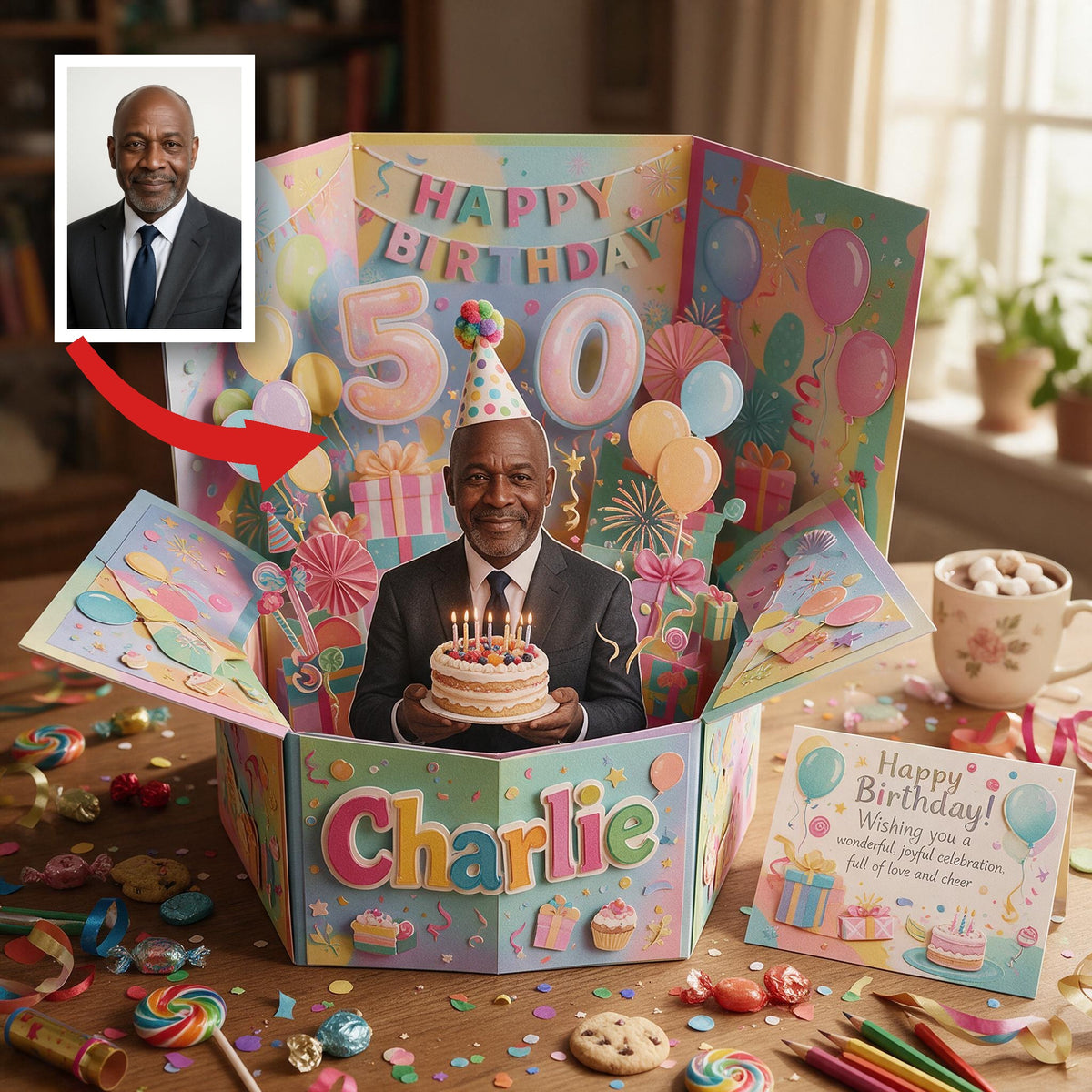 Personalized 50th Birthday Senior Black Man Pop Up Box Card Dad Grandpa Gift