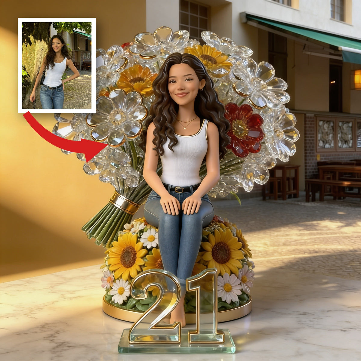 Personalisierte Foto 21. Geburtstagsgeschenk für Latina mit Blumen-Acrylplakette