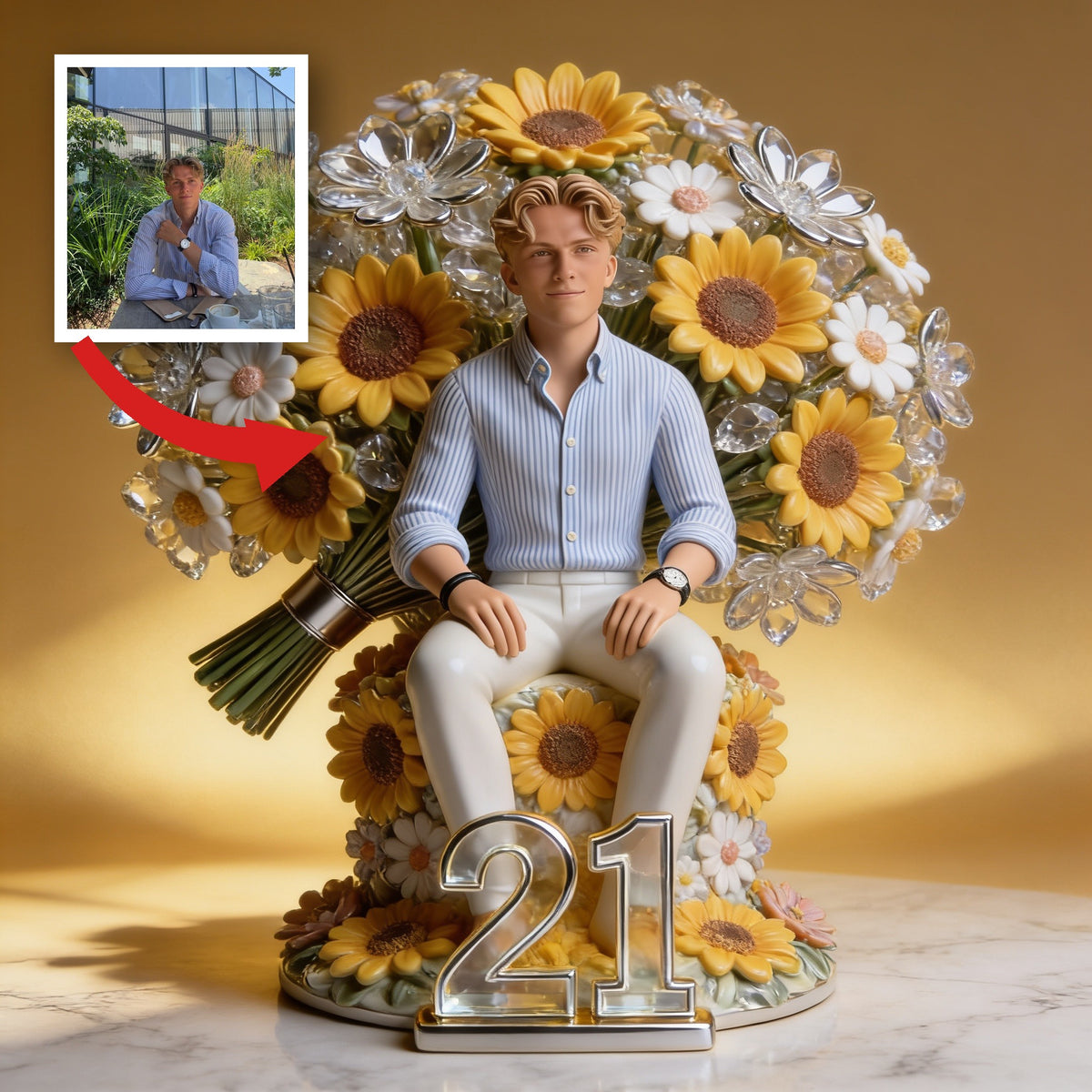 Personalisierte Foto 21. Geburtstag Mann mit Sonnenblumen Acrylplakette Geschenk für Ihn