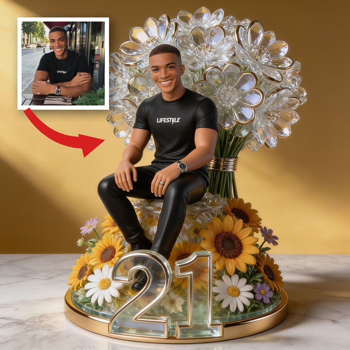 Personalisierte Foto 21. Geburtstag Schwarzer Mann Florale Acrylplakette, Geschenk für Ehemann, Freund, Sohn