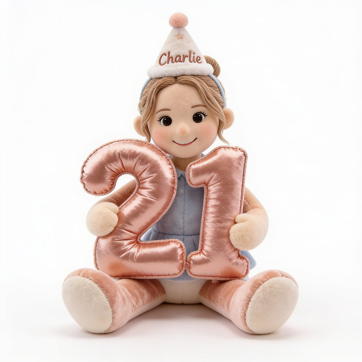Personalisierte 21. Geburtstags-Puppe Kissen aus Kunstfell, individuelles Geschenk für sie
