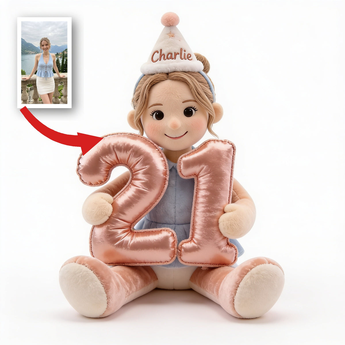 Personalisierte 21. Geburtstags-Puppe Kissen aus Kunstfell, individuelles Geschenk für sie