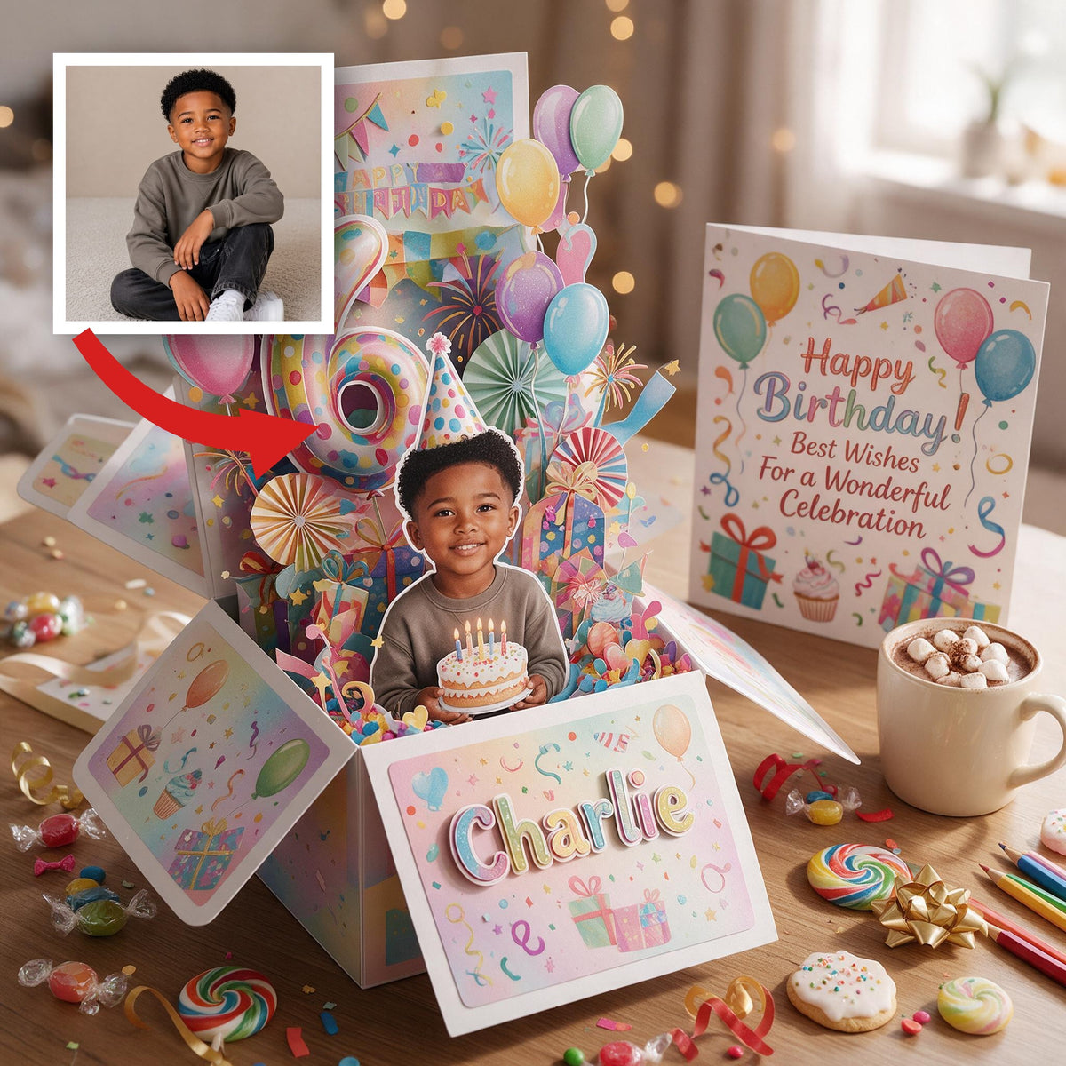 Personalized Birthday Black Little Boy Pop Up Box Card, Gift for Son Grandson Nephew